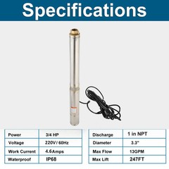 1HP 4″ Deep Well Submersible Pump 220V 37GPM 207FT Max 100ft Cord w/Control box
