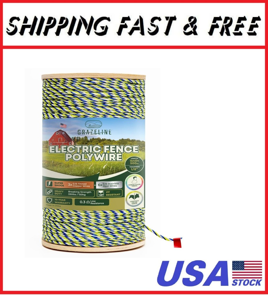 9-Strand Electric Fence Polywire 1640 ft, Tinned Copper & Stainless Steel, 0.3
