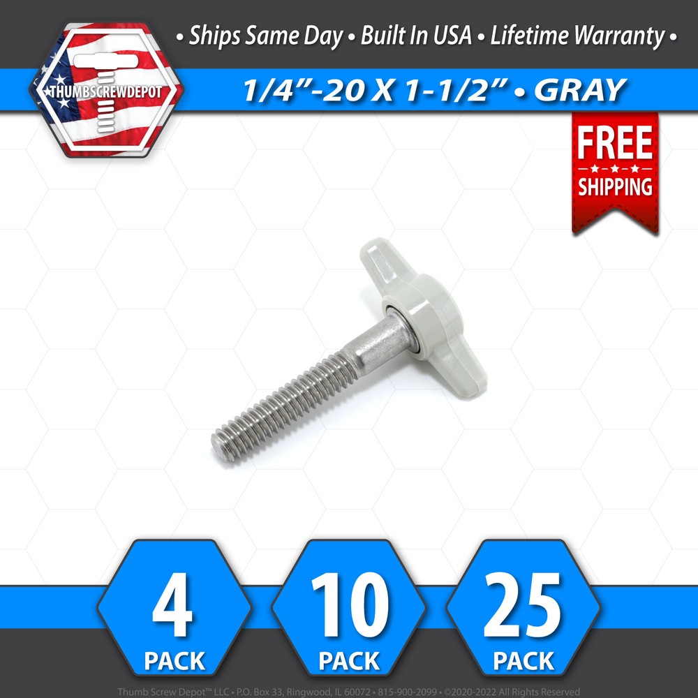 1/4″-20 x 1-1/2″ Thumb Screw Stainless Steel – Gray Tee / Wing Knob – USA