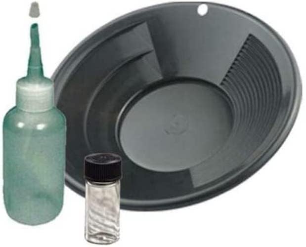 Sluice Monkey 10″ Black Gold Pan, 4oz Sniffer Bottle & Glass Vial