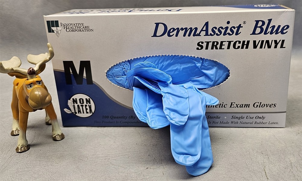 (1000) DermAssist Blue Stretch Vinyl Exam Gloves Medium Powder Free Non-Sterile