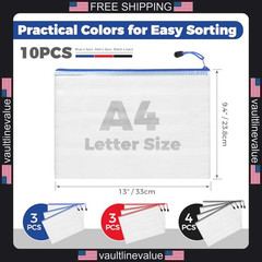 Charmount A4 Mesh Zipper Pouch Bags 10 Pack Waterproof Plastic Document