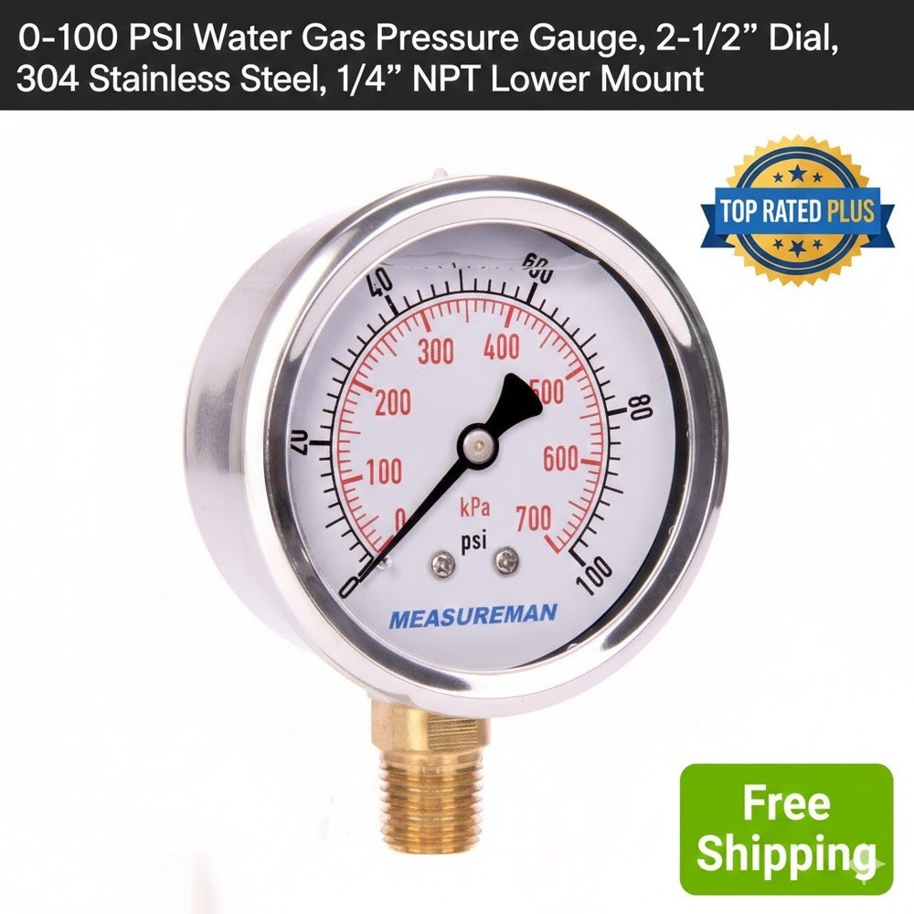 0-100 PSI Water Gas Pressure Gauge, 2-1/2’’ Dial, 304 Stainless Steel, 1/4’’ NPT