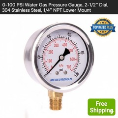 0-100 PSI Water Gas Pressure Gauge, 2-1/2’’ Dial, 304 Stainless Steel, 1/4’’ NPT