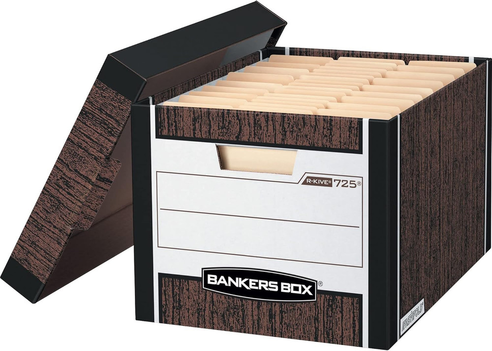 12 Pack R-KIVE Heavy-Duty File Storage Boxes, Fastfold, Lift-Off Lid, Letter, Wo