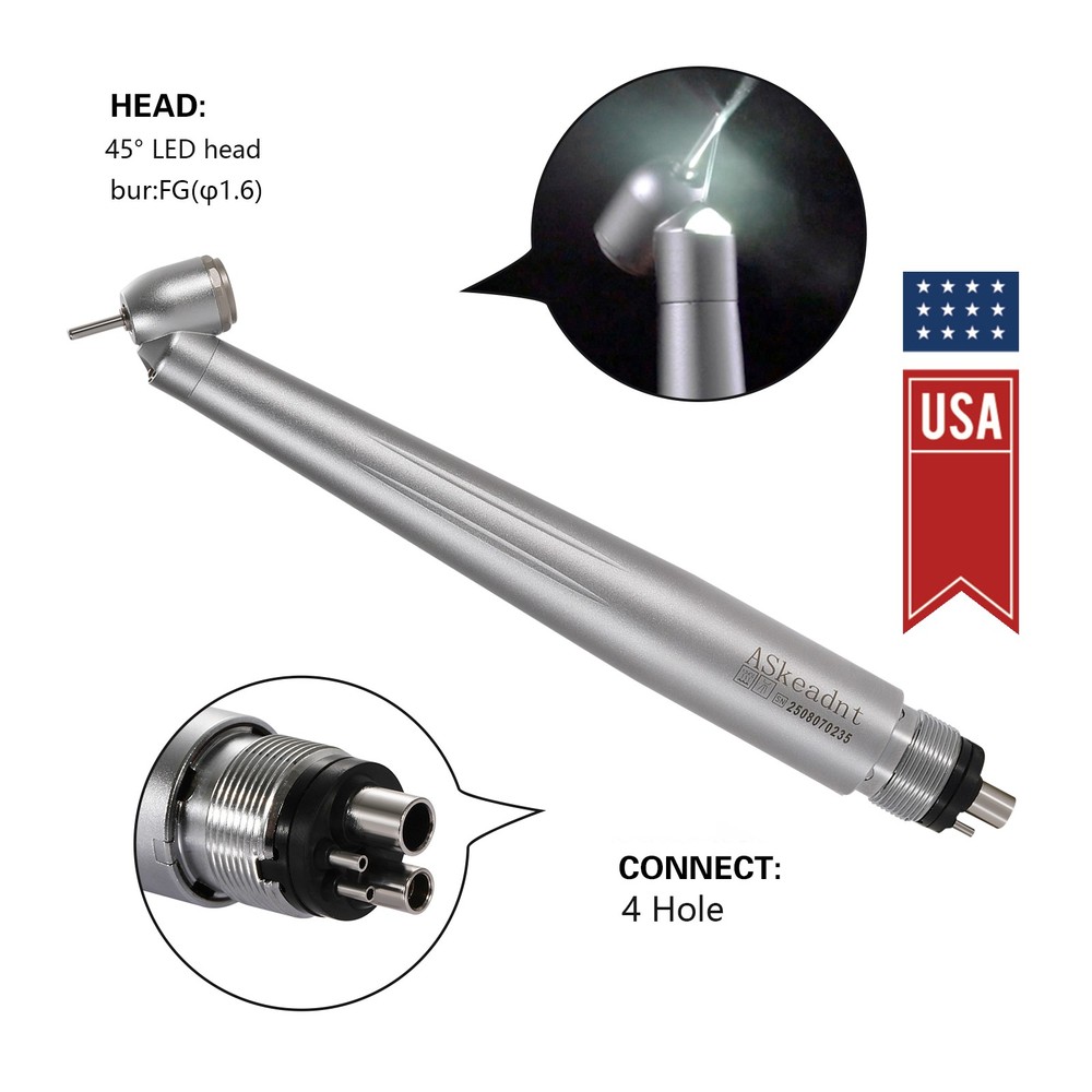ASKEADNT Dental Surgical Handpiece 45 Degree High Speed 4 Hole LED