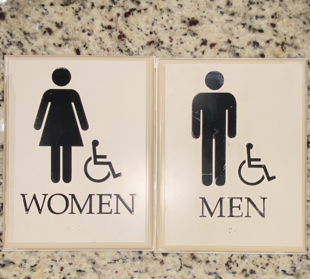 ADA Compliant Women Men Restroom Door Signs, Wheelchair Symbol, White Plastic