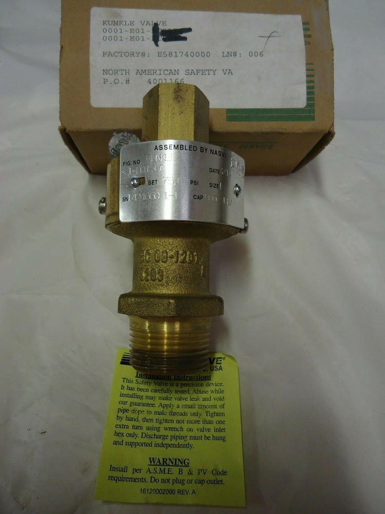 KUNKLE 1-E01-LC VALVE “NEW” SIZE 1 SET 75.0 PSI CAP 590 LB/H