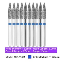 Vakker 10pc Dental 862-016M Medium Grit FG Diamond Bur Friction Grip Flame Shape