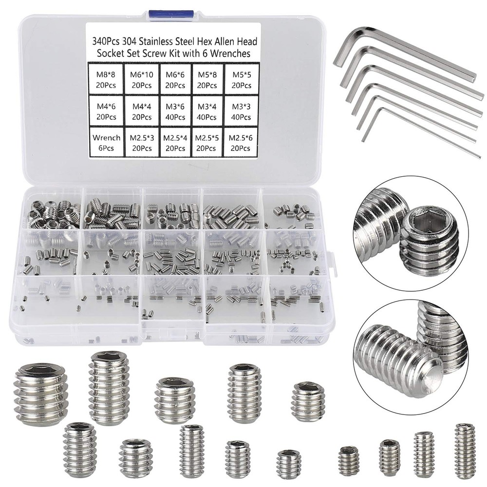 340Pcs Metric Hex Socket Head Cup Point Set Screws Assortment Kit, 304 Stainless