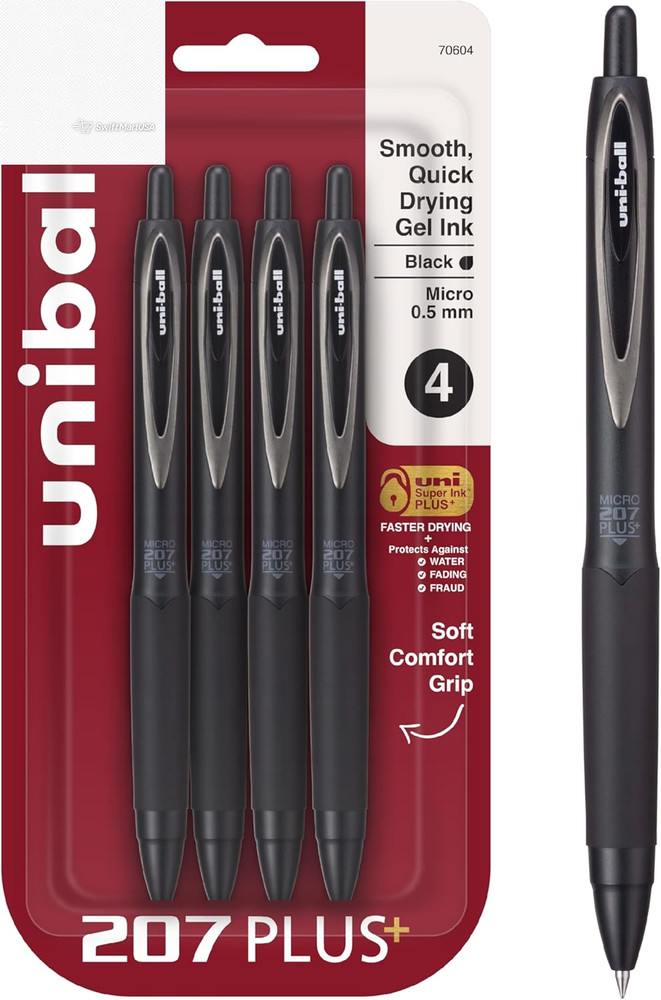 Uni-Ball 207+ Black Gel Pens 4 Pack Micro 0.5mm Fraud Proof Retractable Click