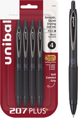 Uni-Ball 207+ Black Gel Pens 4 Pack Micro 0.5mm Fraud Proof Retractable Click