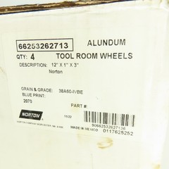 Norton 12″ OD x 1″ Thick 38A60-IVBE Tool Room Grinding Wheel 2070RPM 3″ Arbor