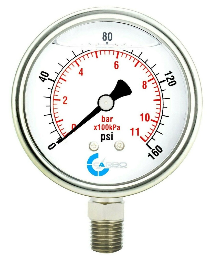 2″ Pressure Gauge, Stainless Steel Case, Liquid Filled, Lower Mnt, 160 PSI