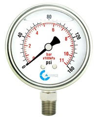 2″ Pressure Gauge, Stainless Steel Case, Liquid Filled, Lower Mnt, 160 PSI