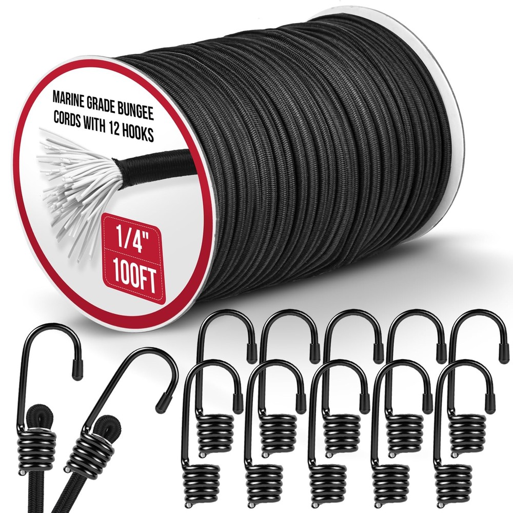 Marine Grade Heavy Duty Bungee Cord Roll with 12 Hooks – Black Elastic Shock …