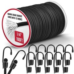 Marine Grade Heavy Duty Bungee Cord Roll with 12 Hooks – Black Elastic Shock …