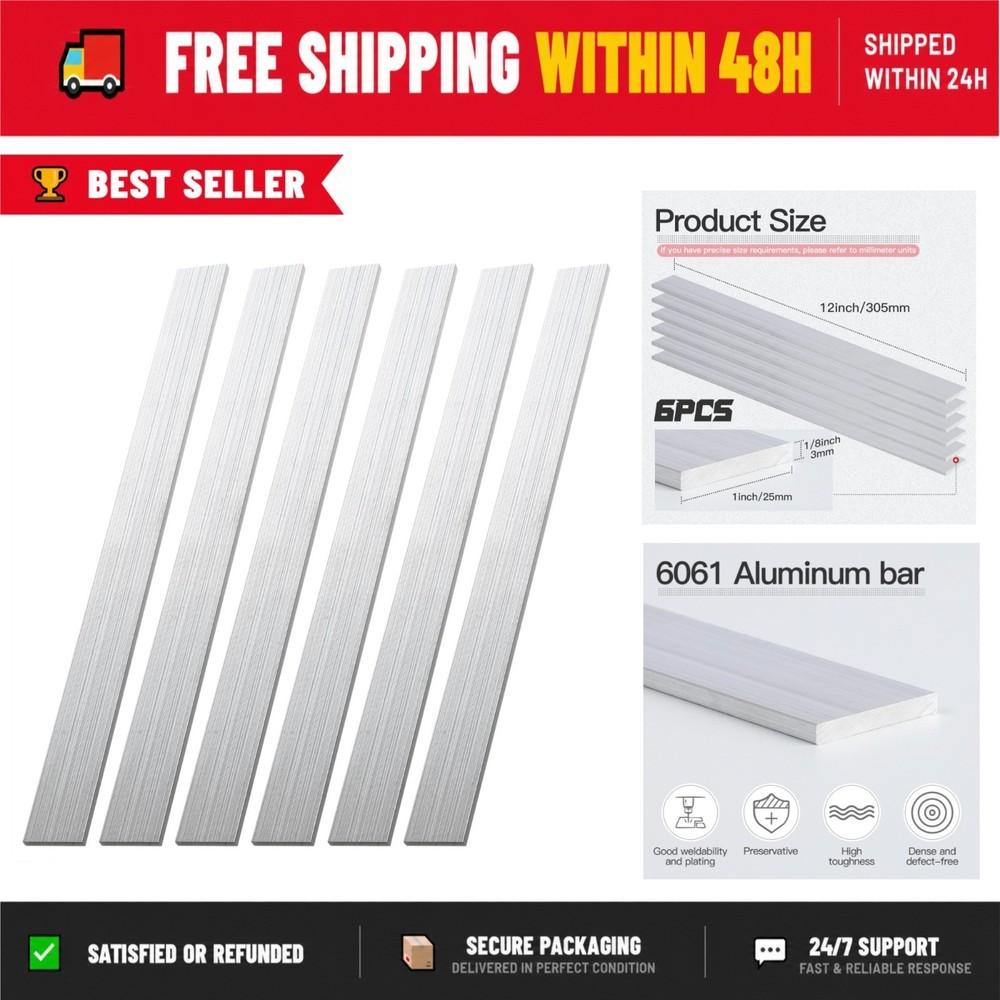 6061 Aluminum Flat Bar 1/8″ x 1″ x 12″ – 6 Pieces – General Purpose