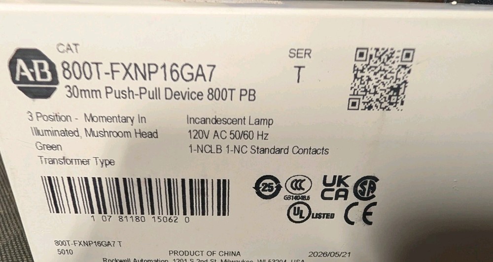 ALLEN BRADLEY 800T-FXNP16GA7 SER U PUSHBUTTON – ILLINOIS STOCK