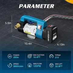 12 GPM Electric Cordless Diesel Kerosene Pump Fuel Transfer Pump 21V 2x 4.0Ah