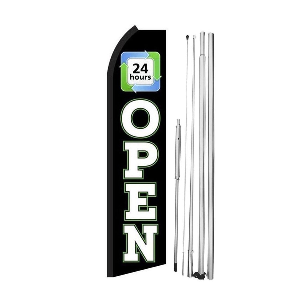24 Hours Open Swooper Flutter Feather Flag | 3ft W x 11.5ft Tall