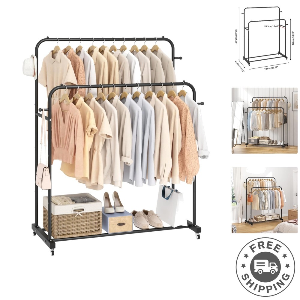 Modern Freestanding Clothes Organizer with Wheels and Dual Rods – Sleek Black
