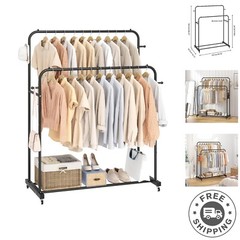 Modern Freestanding Clothes Organizer with Wheels and Dual Rods – Sleek Black