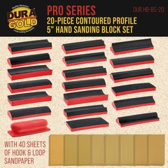 Dura-Gold 20-Piece Contoured 5″ Hand Sanding Block Set, 40 Hook & Loop Sandpaper