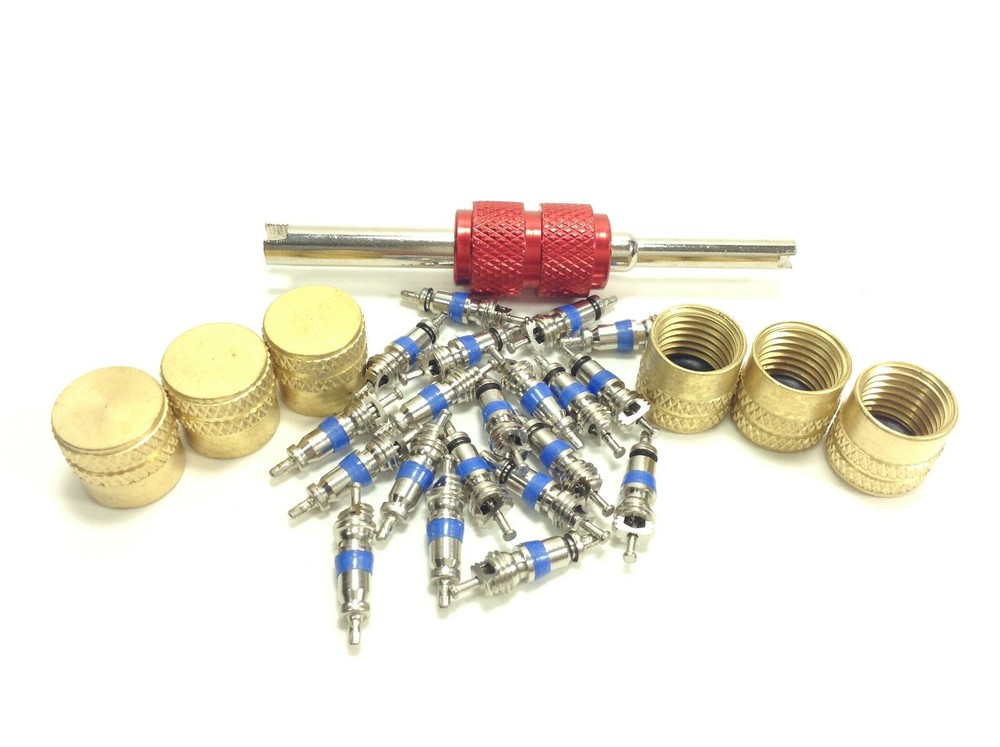 NEW Valve Core Removal Tool + 20 Hvac Schrader Valves + 6 Brass Caps w/ Gaskets