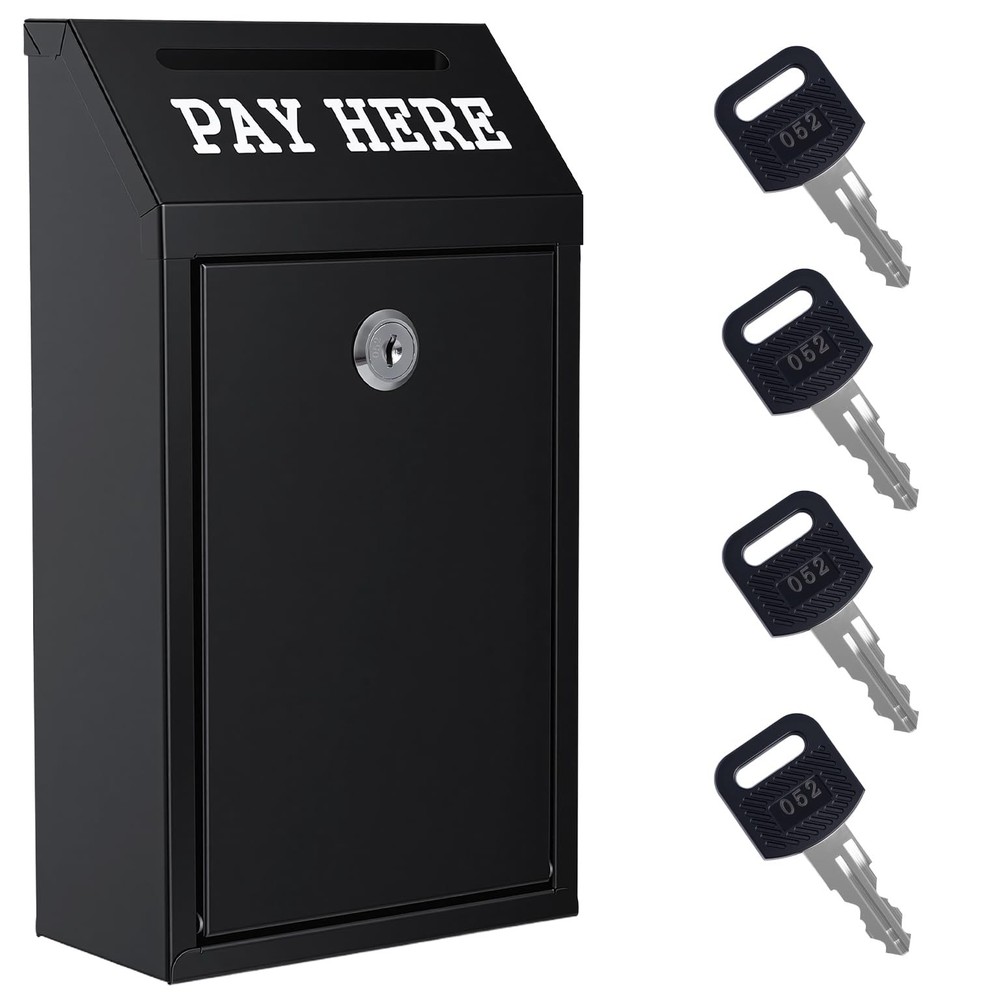 Black 10.24×5.7×2.95 Inch Metal Locking Cash Donation Box Slot Mount 4 Keys