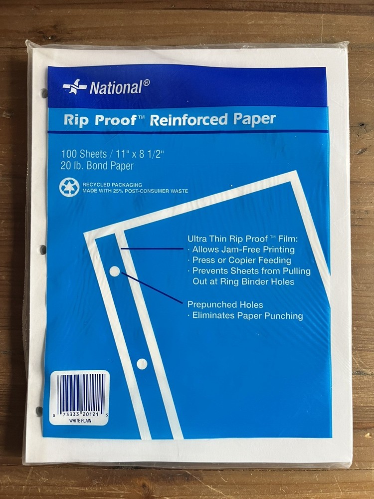 New National Rip Proof Reinforced Filler Paper 3-Hole 8.5 x 11 Unruled 100/Pack