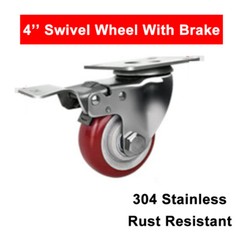 4 Pcs 4” Stainless Steel Swivel With Brake Caster Wheel Red Poly Casters Wheels