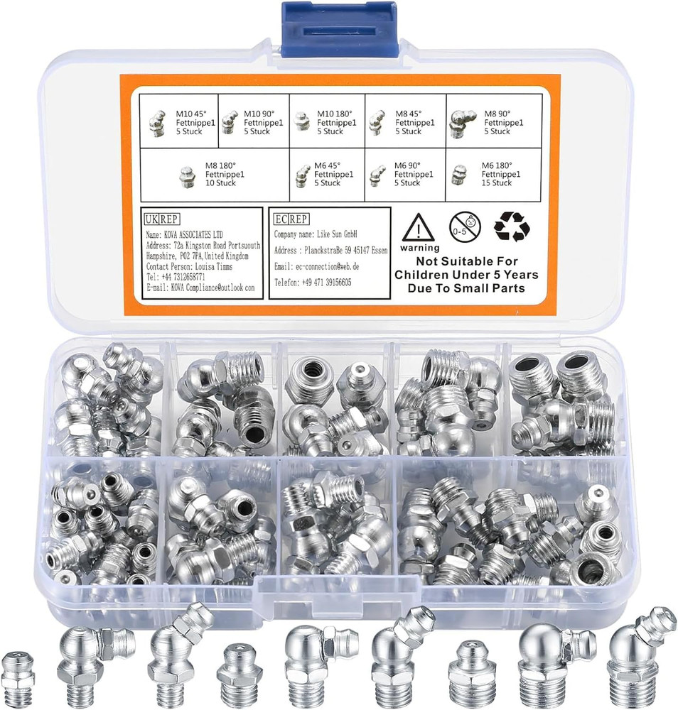 100pcs Metric & SAE Hydraulic Lubrication Grease Zerk Fittings Assortment Set