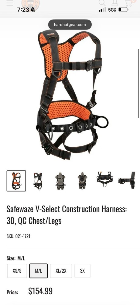 Safewaze V-Select Construction Harness Size Medium with Double Yo-Yo, Lanyard