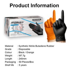 IRONskin Nitrile Glove Diamond Grip Disposable Black /Orange Powder Free 50 pcs