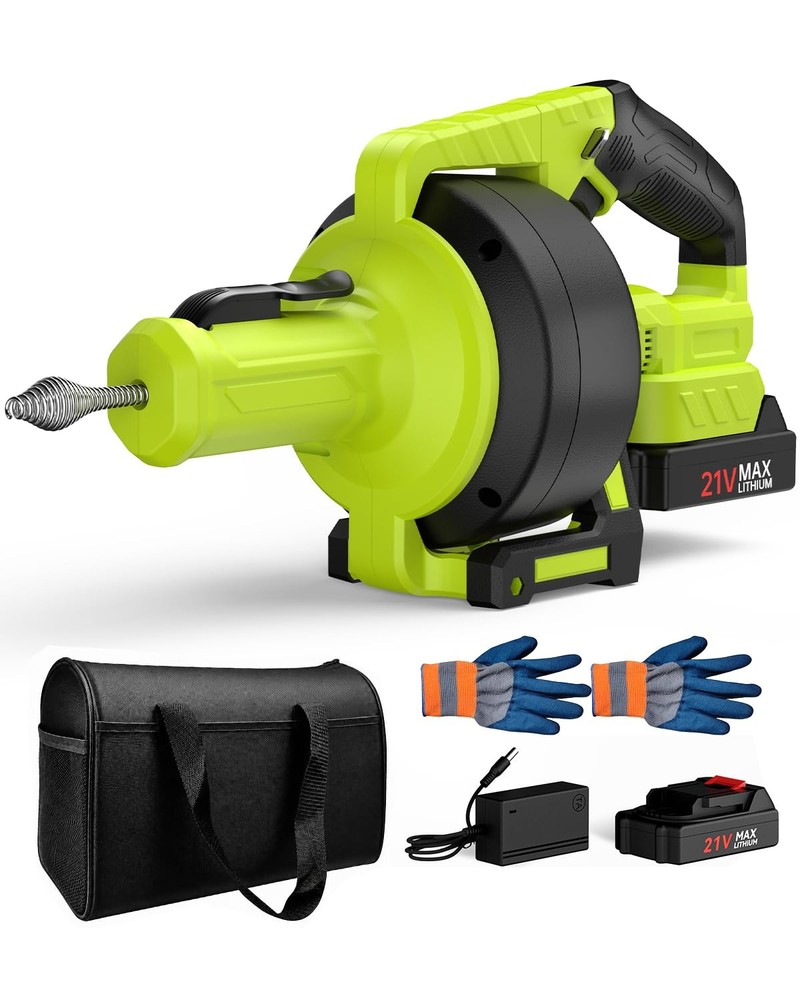Cordless Drain Auger 25ft Auto Feed Snake Clog Remover 21V Power 2.0Ah Battery
