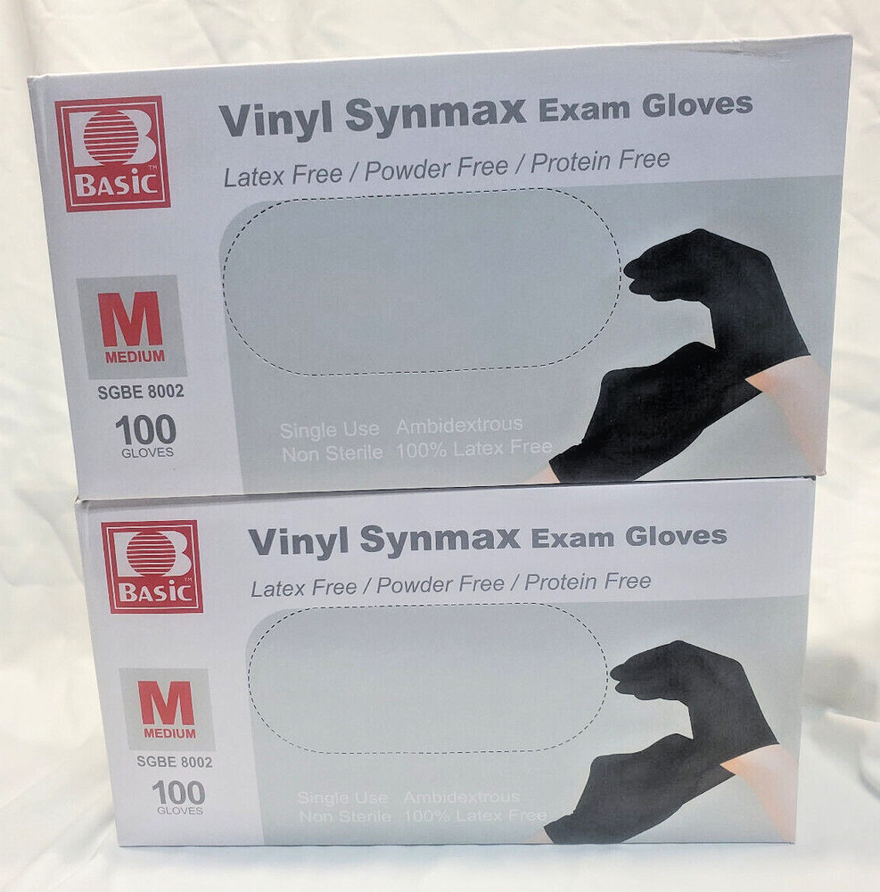 2 boxes Basic Vinyl Synmax Exam Gloves Latex Free,Size M 200 Count-Black Color