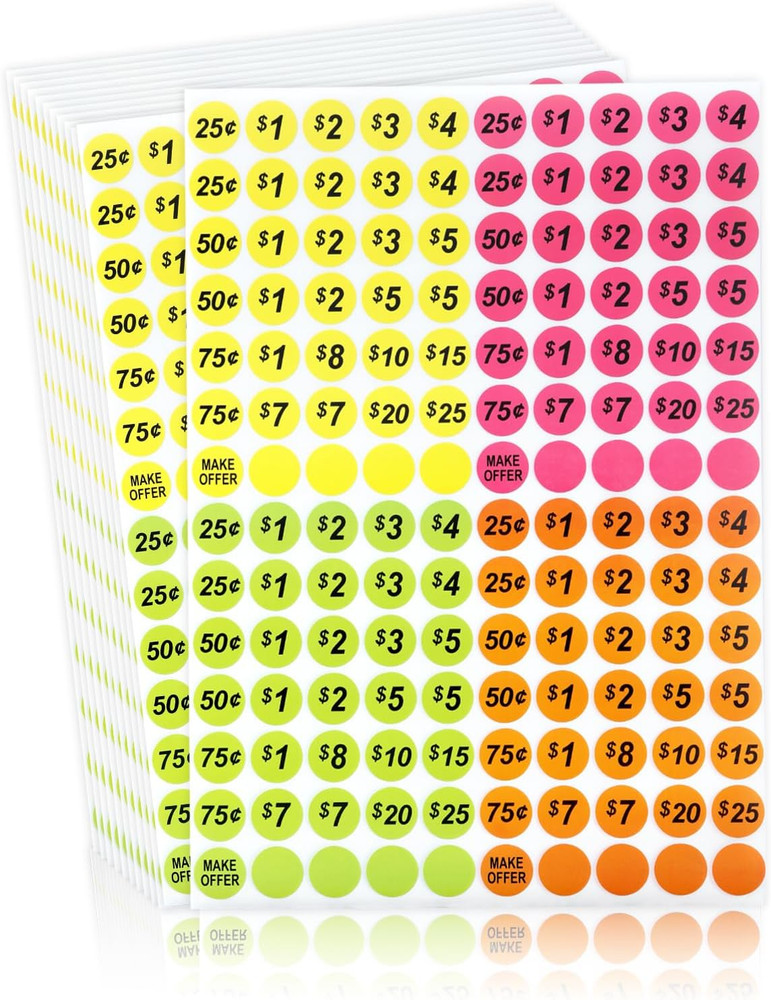 2800 Removable Garage Sale Stickers with 15 Pre-Printed Colorful Tags