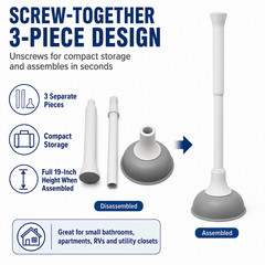 19 Inch Toilet Plunger Bathroom Drain Clog Remover Gray White Compact Handle