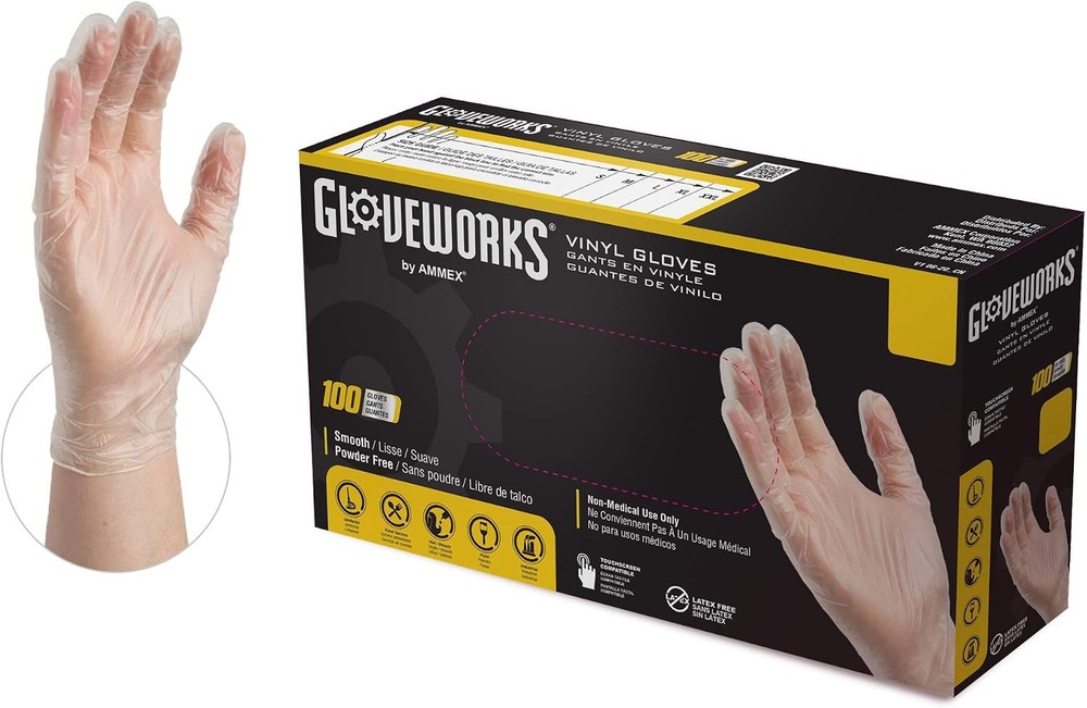 GLOVEPLUS Industrial Clear Vinyl Gloves, Latex Free, Powder Free, Food Safe,