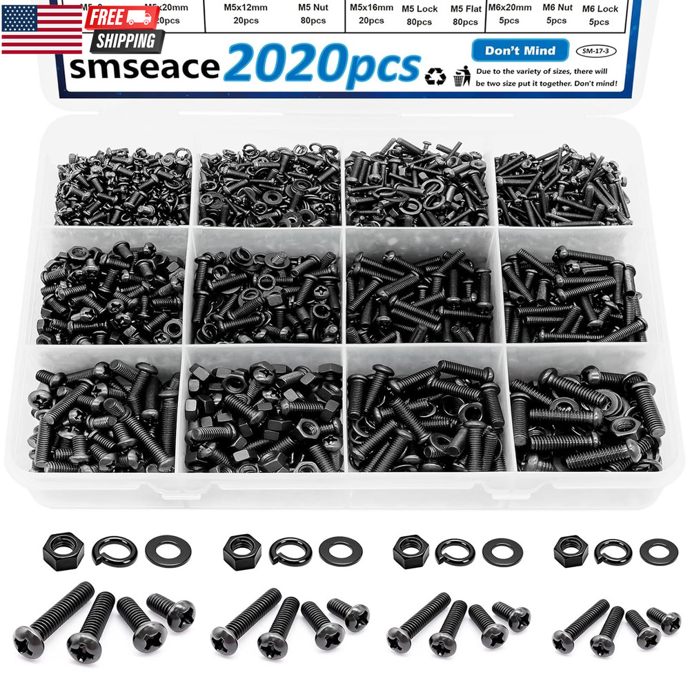 2020Pcs Nuts and Bolts Assortment Kit 32-Sizes M2/M3/M4/M5/M6 Nut Bolt Washer As