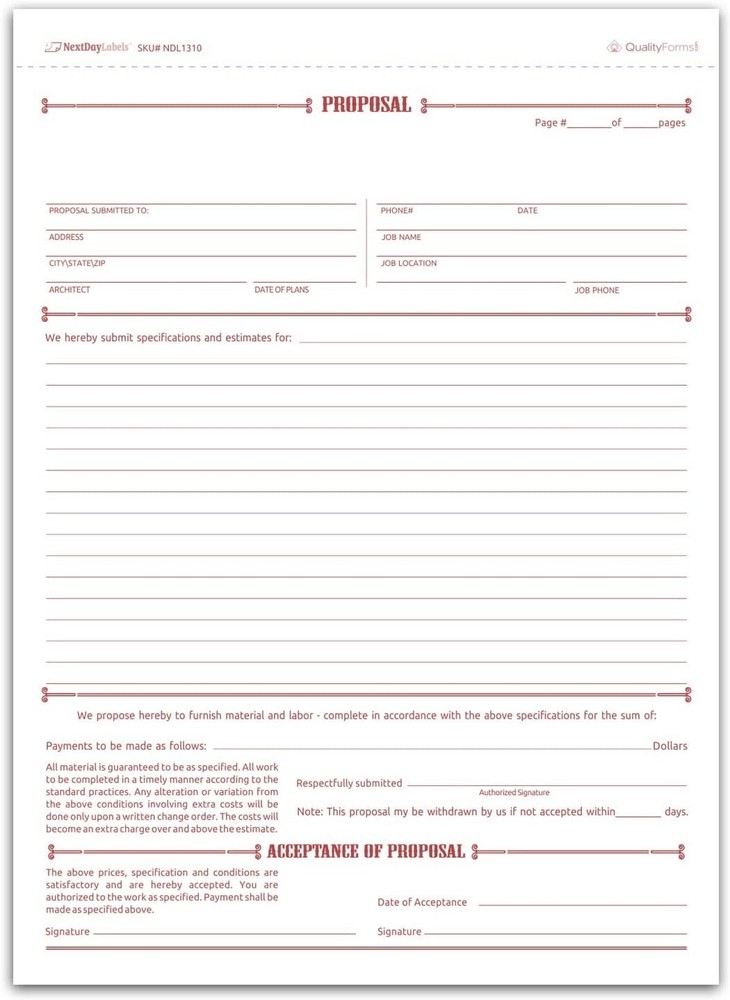 Letter Size General Proposal Forms, 3-Part NCR, White/Canary/Pink – 50 Sets