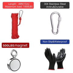 500lbs Double Sided Fishing Magnet Kit Pull Force Strong Neodymium+Rope+Gloves