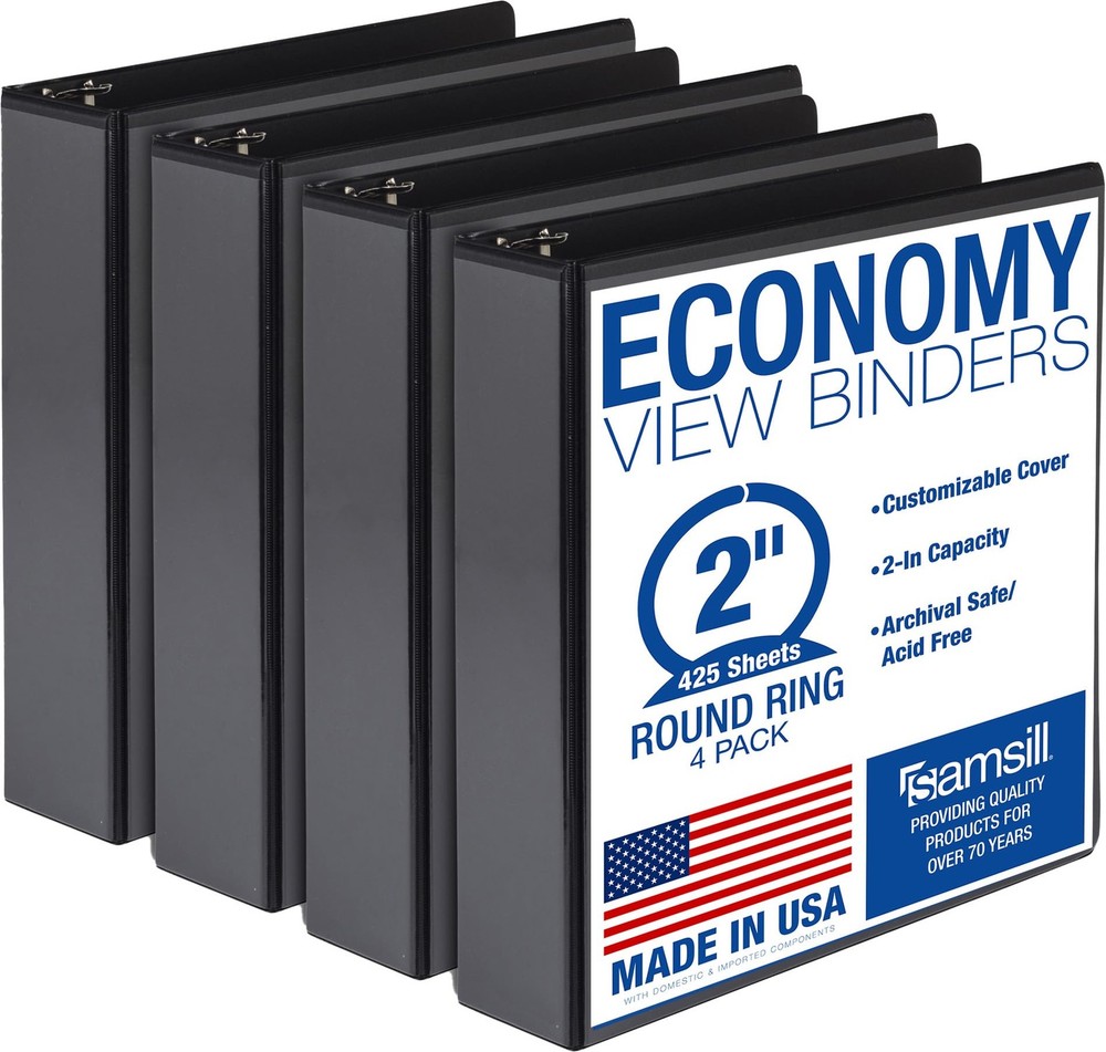 Samsill 2 Inch 3 Ring Binders, Economy Round Ring, Clear View 4-Pack, Black