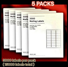 5 PACKS Baseline Blank Address Mailing Labels 3000 Per Pack Size 1”x 2-5/8″