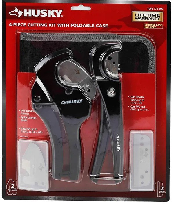 Husky 4 Piece PVC Cutting Kit & Foldable Pouch 2 Tools & Replacement Blades NEW