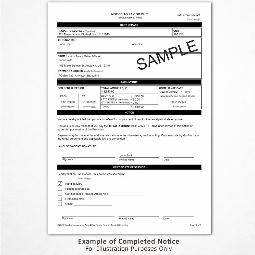 Notice to Pay or Quit – Late or Past Due Rent Eviction Notice Form