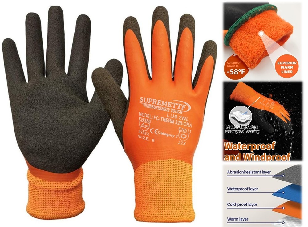 2 PAIR ORANGE Coated Waterproof Thermal Insulated Warm Winter WORK GLOVES S-2XL