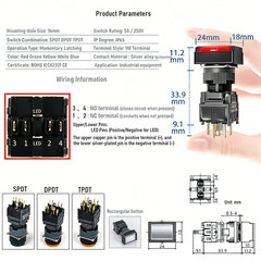 16mm1NO1NC/2NO2NC/3NO3NC Latching ON/OFF Rectangle Plastic Push Button SwitchCE