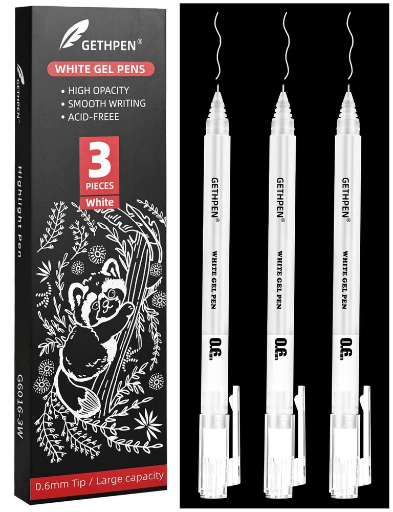 GETHPEN 0.6mm Fine Point White Gel Pens, 3-Pack for Artists 0.6mm,